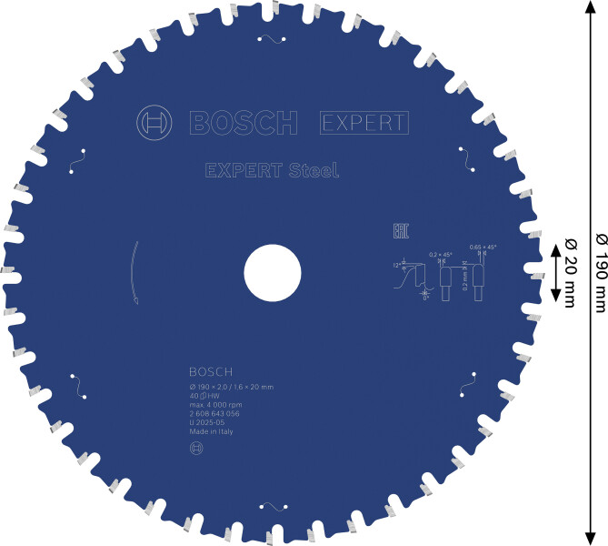 Bosch 2608643056 EXPERT Cirkelzaagblad - 190 X 20 X 40T - Staal - Detailed view of the product