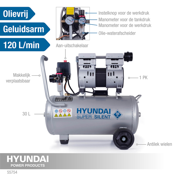Hyundai 55754 Stille Compressor - 30L - 8bar - Detailed view of the product