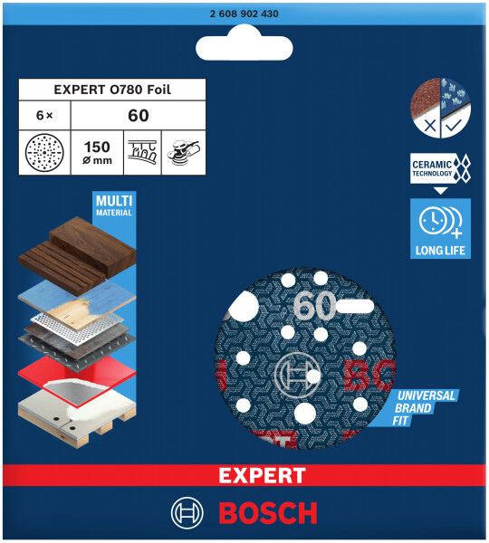 Bosch 2608902430 EXPERT Schuurschijf O780 Met Film Onderlaag - 150mm - K60 (6 Stuks) - Detailed view of the product