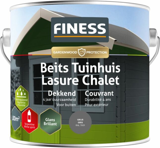 Finess Beits Tuinhuis - dekkend - hoogglans - grijs (RAL 7001) - 2,5 liter