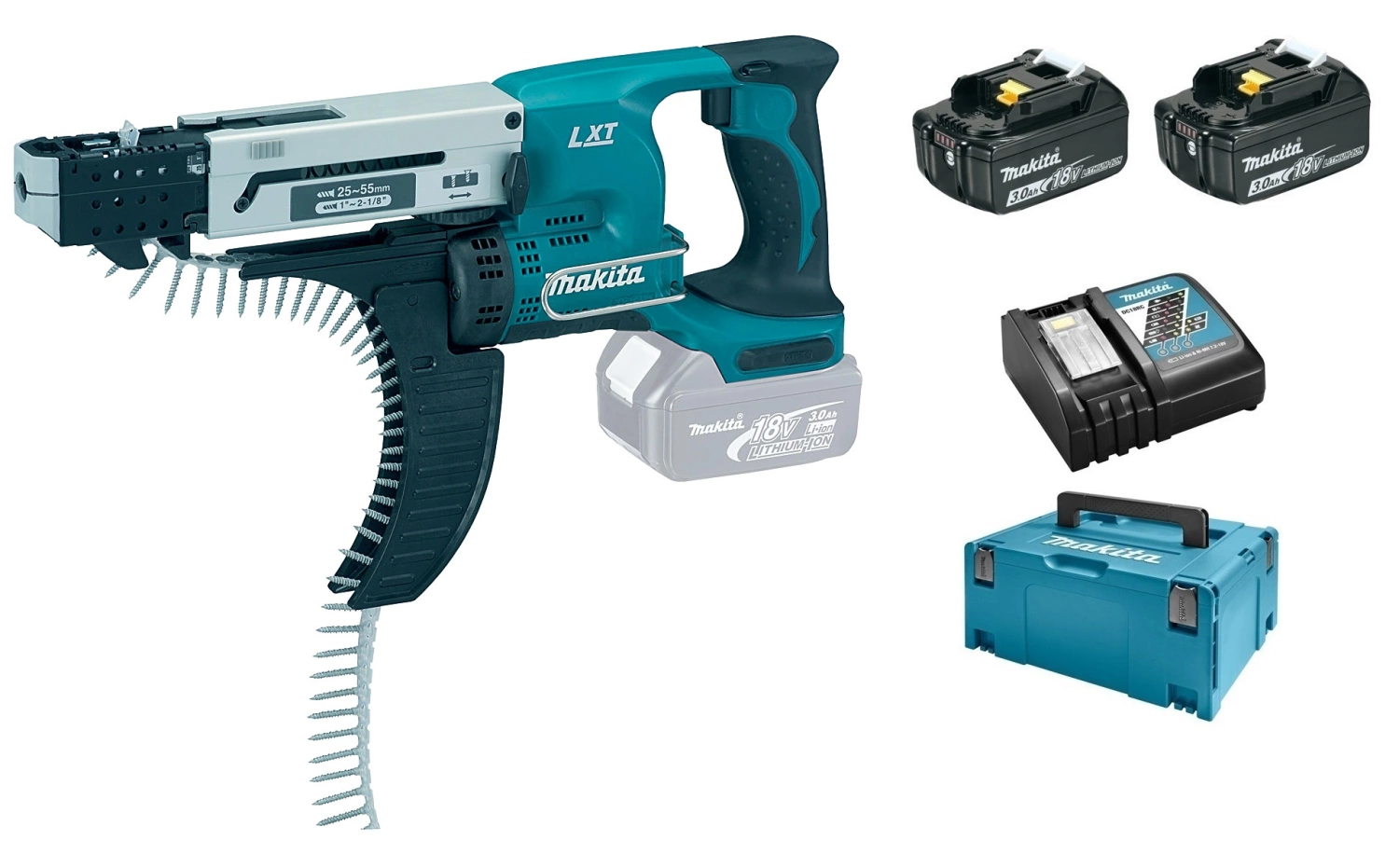 Makita DFR550RFJ 18V Li-Ion Accu Schroefautomaat / Bandschroefmachine Set (2x 3.0Ah Accu) In Mbox - 25-55mm