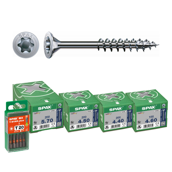SPAX 4-Delige Universele Schroefset - T-STAR Plus T20 - Verzonken Kop - Deeldraad - WIROX (700st) Incl. SPAX Bit T20 (5st)