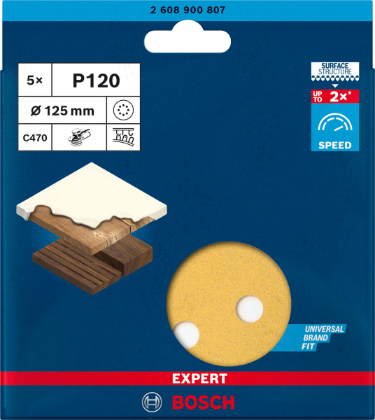 Bosch 2608900807 EXPERT Schuurvel C470 Best For Wood And Paint - 125mm - K120 - 8 Gaten - 5st - Detailed view of the product