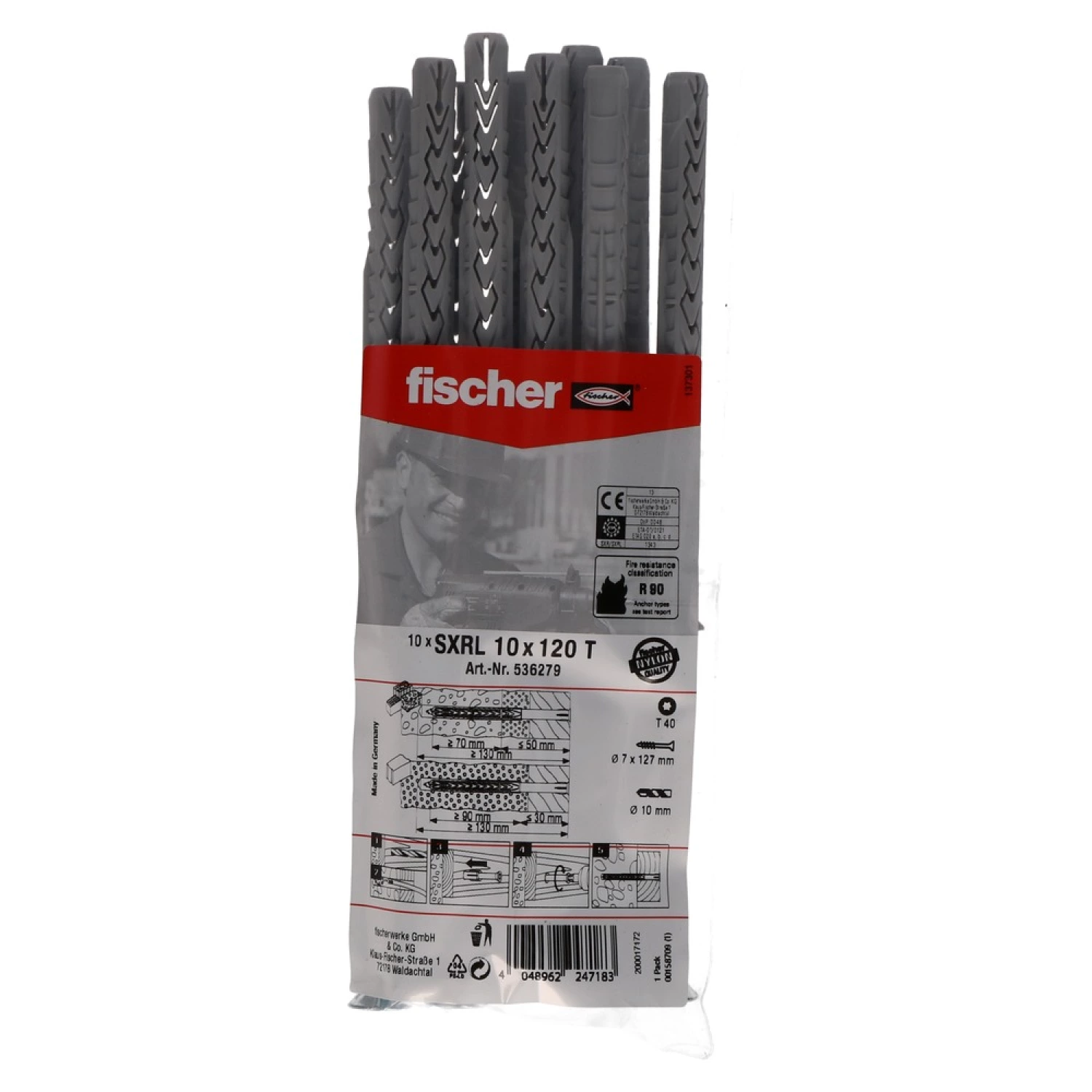 Fischer 536279 Constructie/kozijnplug SXRL - 10 X 120 T - TX40 - Verzonken Schroef - Verzinkt Staal (10st)