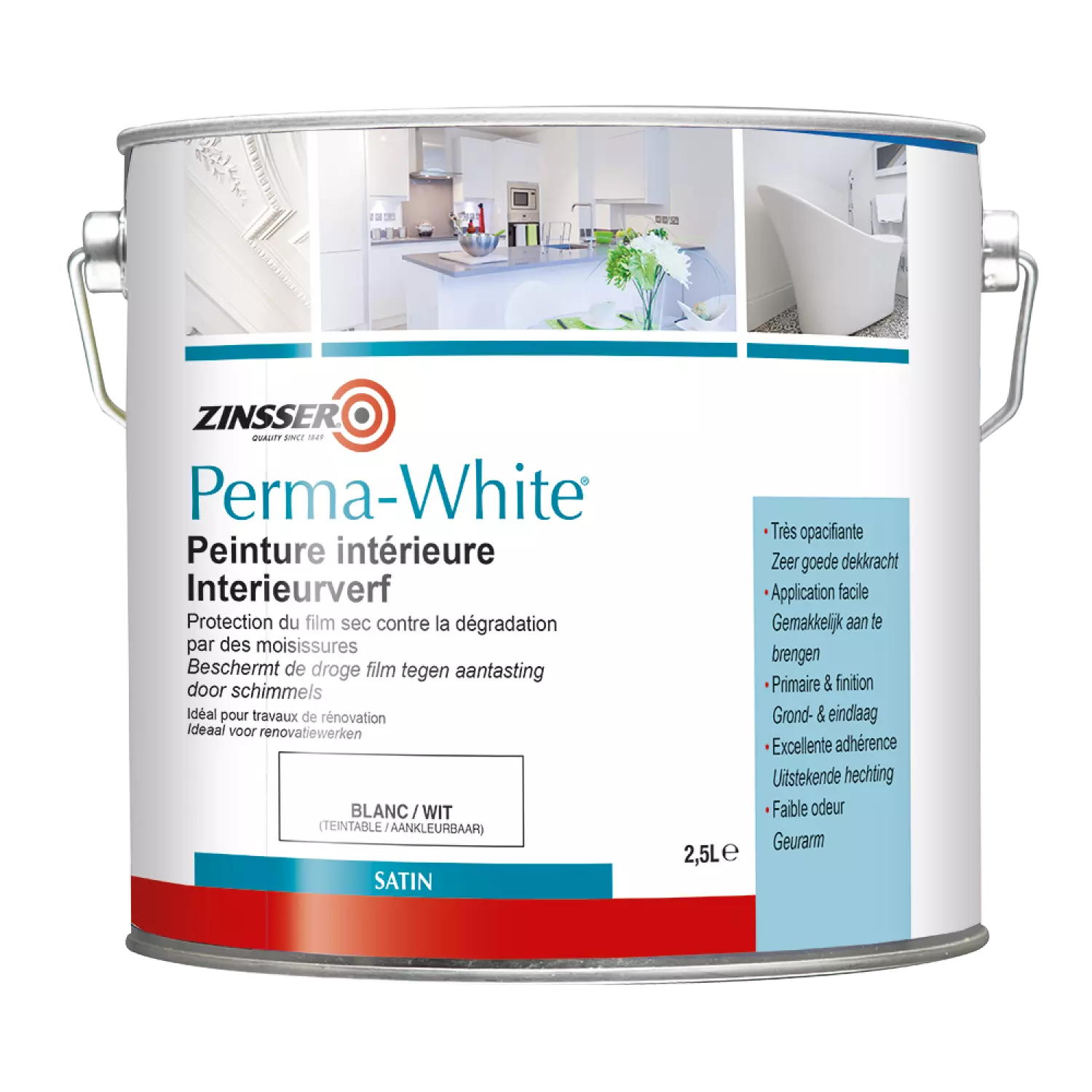 Zinsser Permawhite Satin Zijdeglans - Badkamermuurverf - Wit - 2,5L