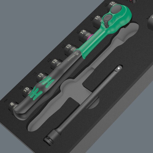 Wera 05150114001 16-delige 9724 8010 B Zyklop Comfort Ratel- En Doppenset In Foam Inlay - 3/8" - Detailed view of the product