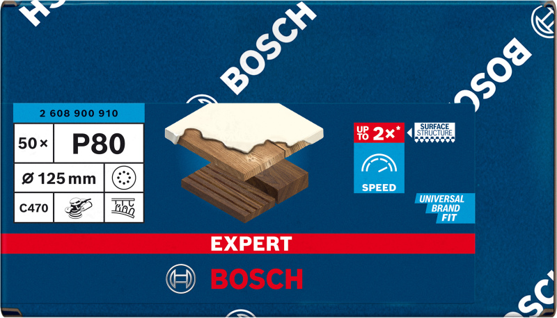 Bosch 2608900910 EXPERT Schuurvel C470 Best For Wood And Paint - 125mm - K80 - 8 Gaten (50st) - Detailed view of the product