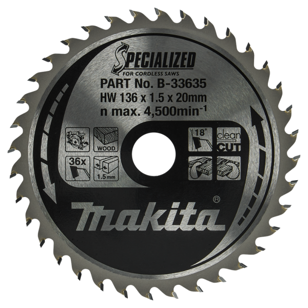 Makita B-33635 Cirkelzaagblad - Hout - Specialized - 136x20x1,5mm - 36T - Detailed view of the product