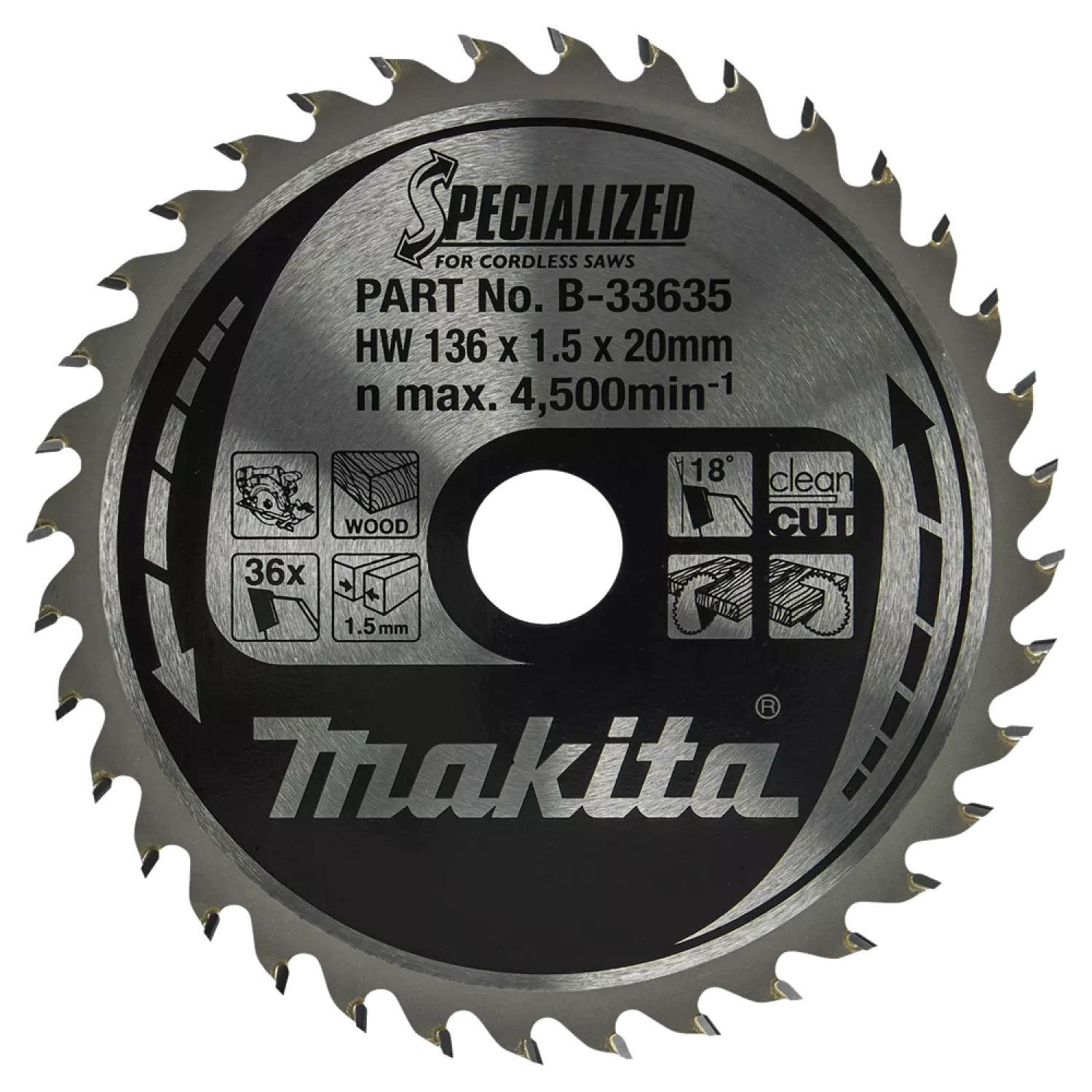 Makita B-33635 Cirkelzaagblad - Hout - Specialized - 136x20x1,5mm - 36T thumbnail 4