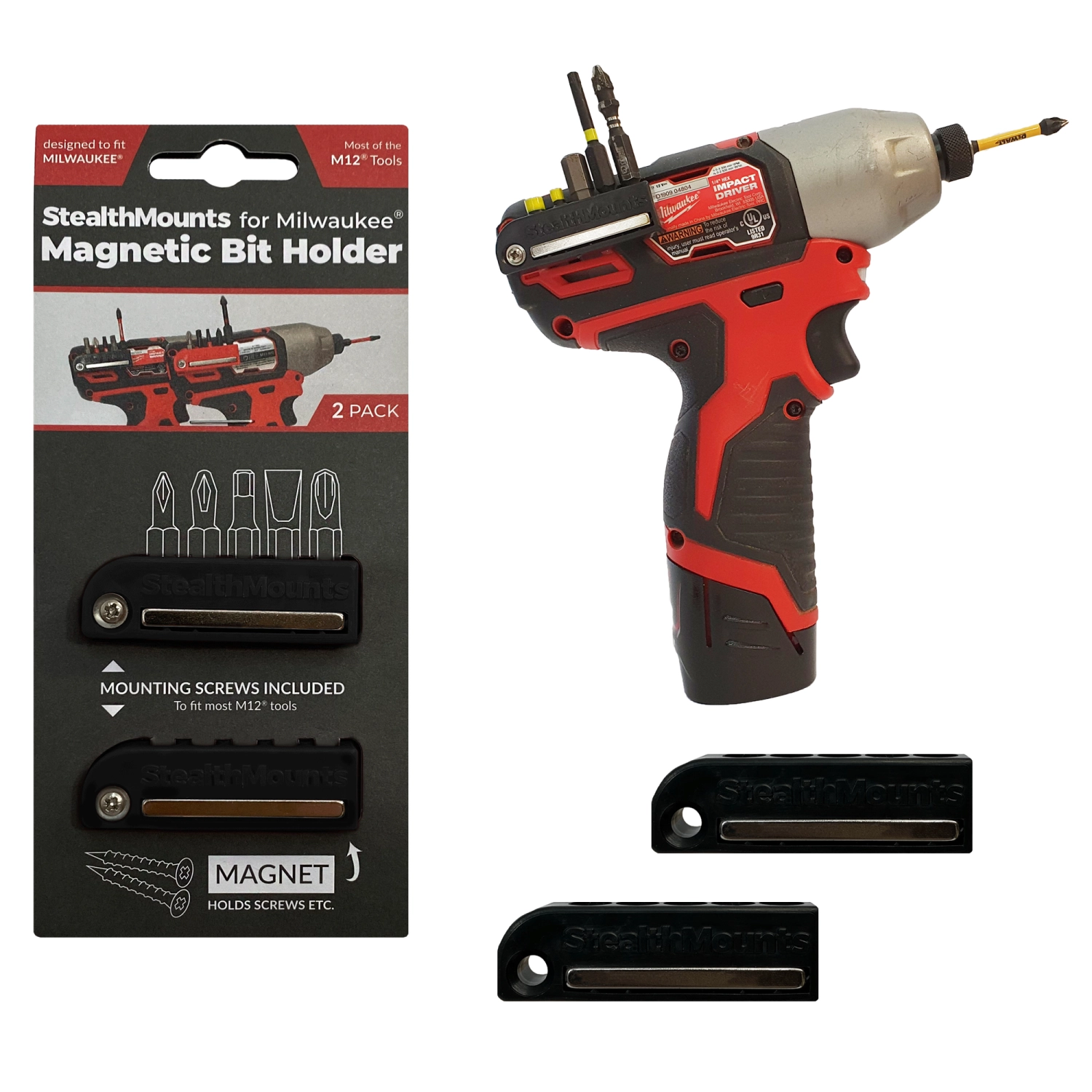StealthMounts BH-MW12-BLK-2 Magnetische Bithouder Voor Machines Milwaukee M12 - Zwart - 2-pack