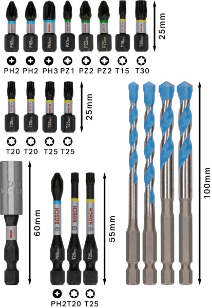 Bosch 2608521U83 20-delige PRO Impact Schroefbits En Multi Construction Boren - Gemengde Set - Detailed view of the product