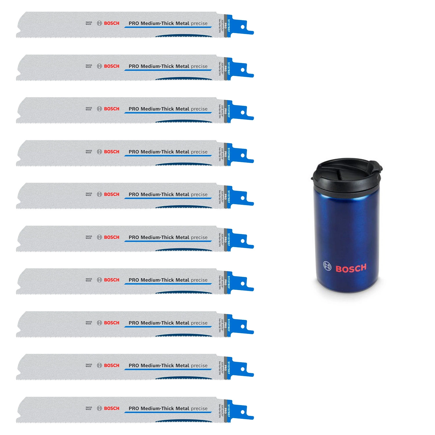 Bosch 0615997675 PRO Medium-Thick Metal Precise S1137BEF Reciprozaagbladen (10 Stuks) + Isotherm Mok - 225mm