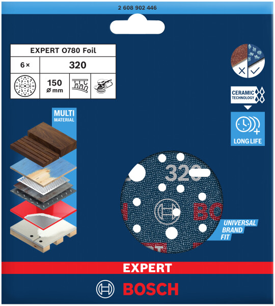 Bosch 2608902446 EXPERT Schuurschijf O780 Met Film Onderlaag - 150mm - K320 (6 Stuks) - Detailed view of the product