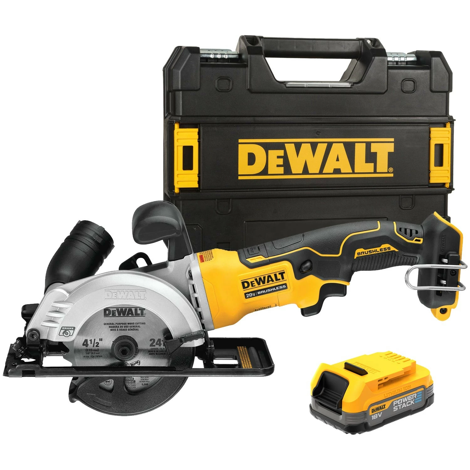 DeWALT DCS571E1T-XJ 18V Li-ion XR Accu Cirkelzaag Set (1x POWERSTACK Accu) In TSTAK - 115mm - Koolborstelloos
