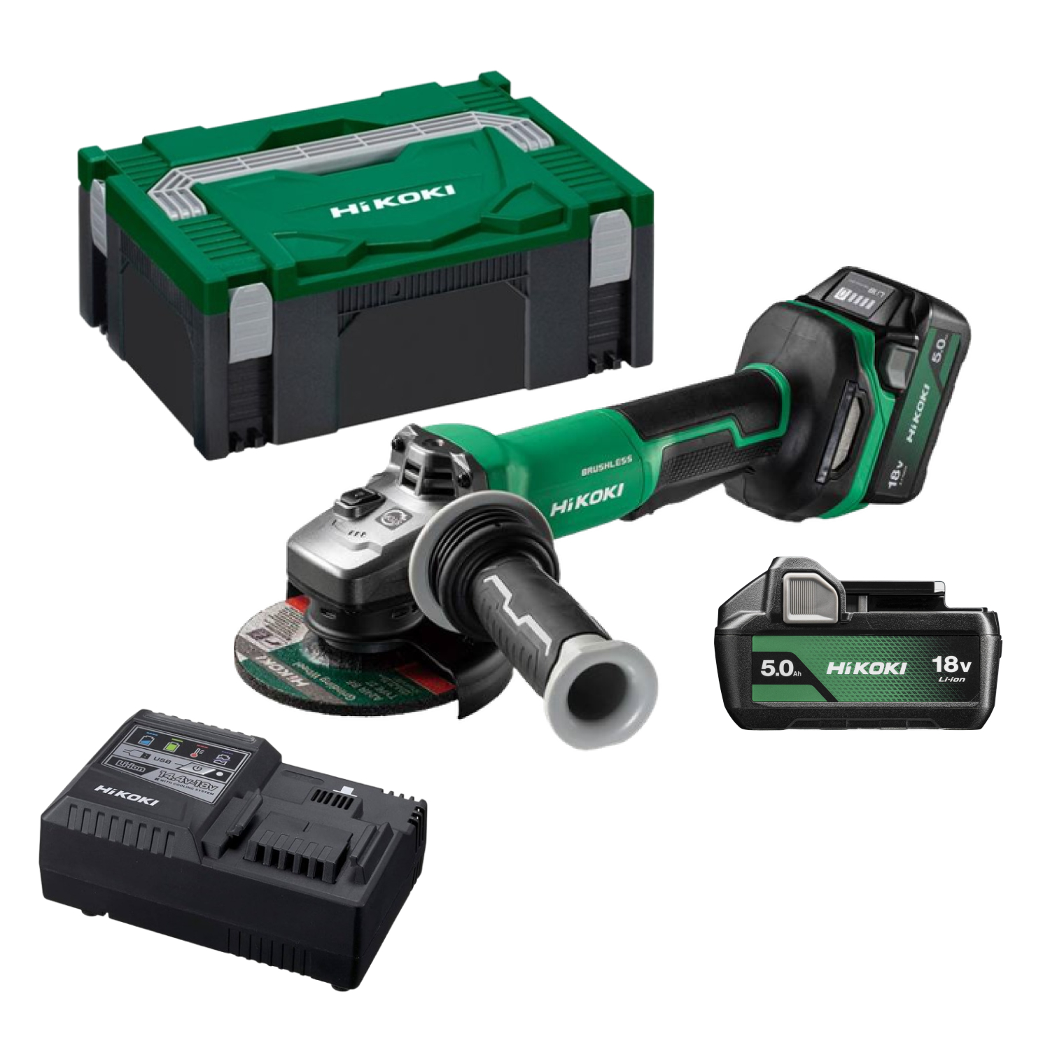 HiKOKI G1813DFWQZ 18V Li-ion Accu Haakse Slijpmachine Set (2x 5.0Ah Accu) In HSC II Koffer - 125mm