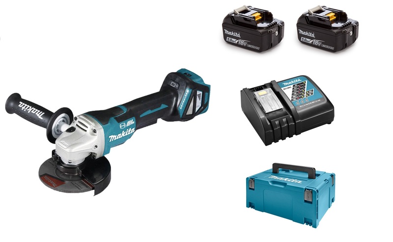 Makita DGA517RTJ 18V Li-Ion Accu Haakse Slijper Incl. ADT Set (2x 5.0Ah Accu) In Mbox - 125mm - Koolborstelloos EAN: 88381854078