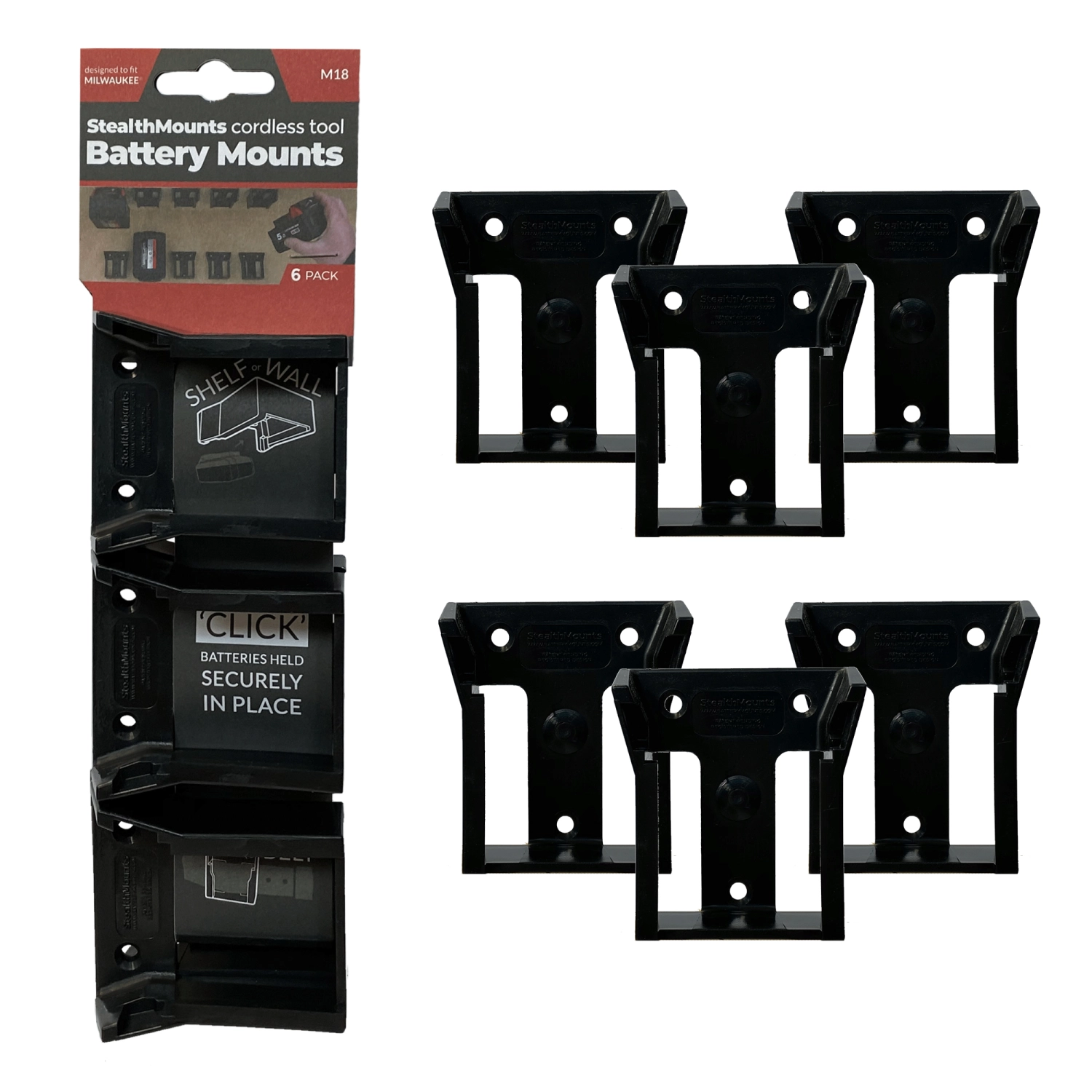 StealthMounts BM-MW18-BLK-6 Accuhouder Voor Milwaukee M18 - Zwart - 6-pack