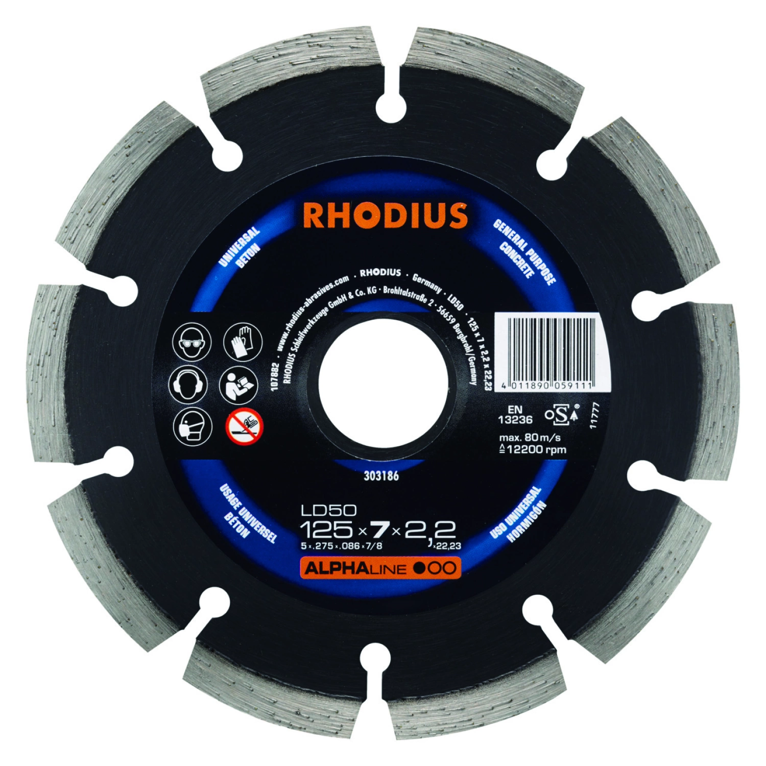 Rhodius 303186 Alphaline I LD50 Diamantdoorslijpschijf - 125 X 22,23 X 7mm - Beton/Universeel