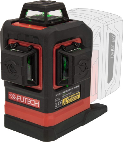 Futech Multicross 3D 18VMAX Kruislijnlaser Set Incl. Statief - Groen - 70m - 3 Lijnen - Detailed view of the product