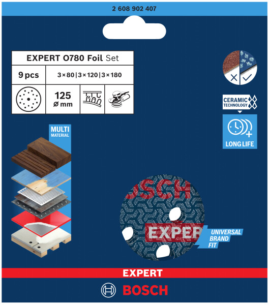 Bosch 2608902407 EXPERT 9-delige Set Schuurschijf O780 Met Film Onderlaag - 125mm - 3xK80/3xK120/3xK180 - Detailed view of the product