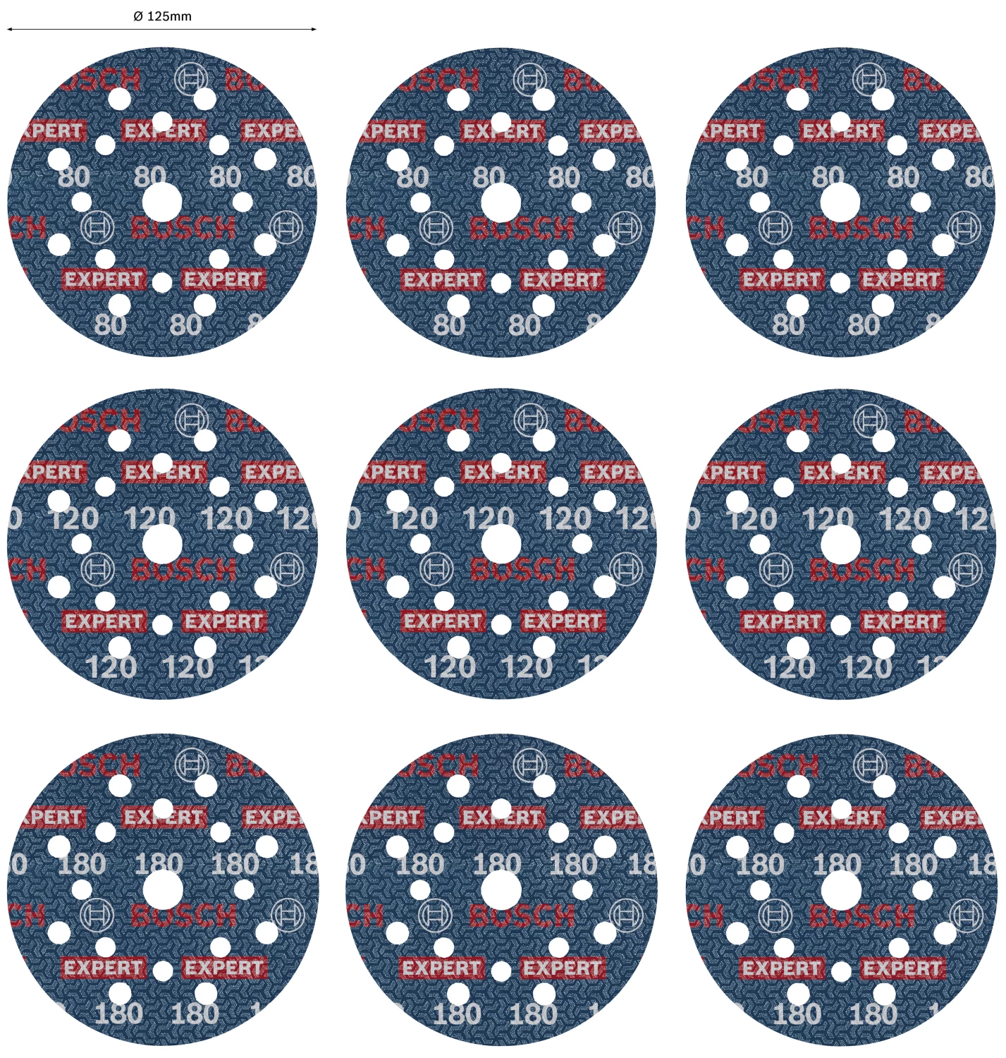 Bosch 2608902407 EXPERT 9-delige Set Schuurschijf O780 Met Film Onderlaag - 125mm - 3xK80/3xK120/3xK180 thumbnail 4