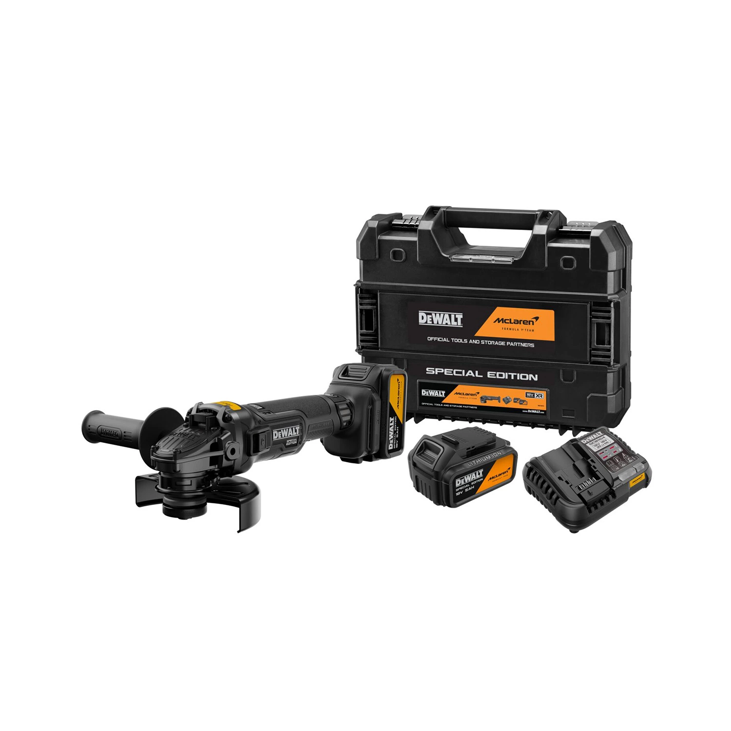 DeWALT X MCLAREN DCG45MP2T-QW 18V XR Accu Haakse Slijper Set (2x 5.0Ah Accu + Lader) - 125mm