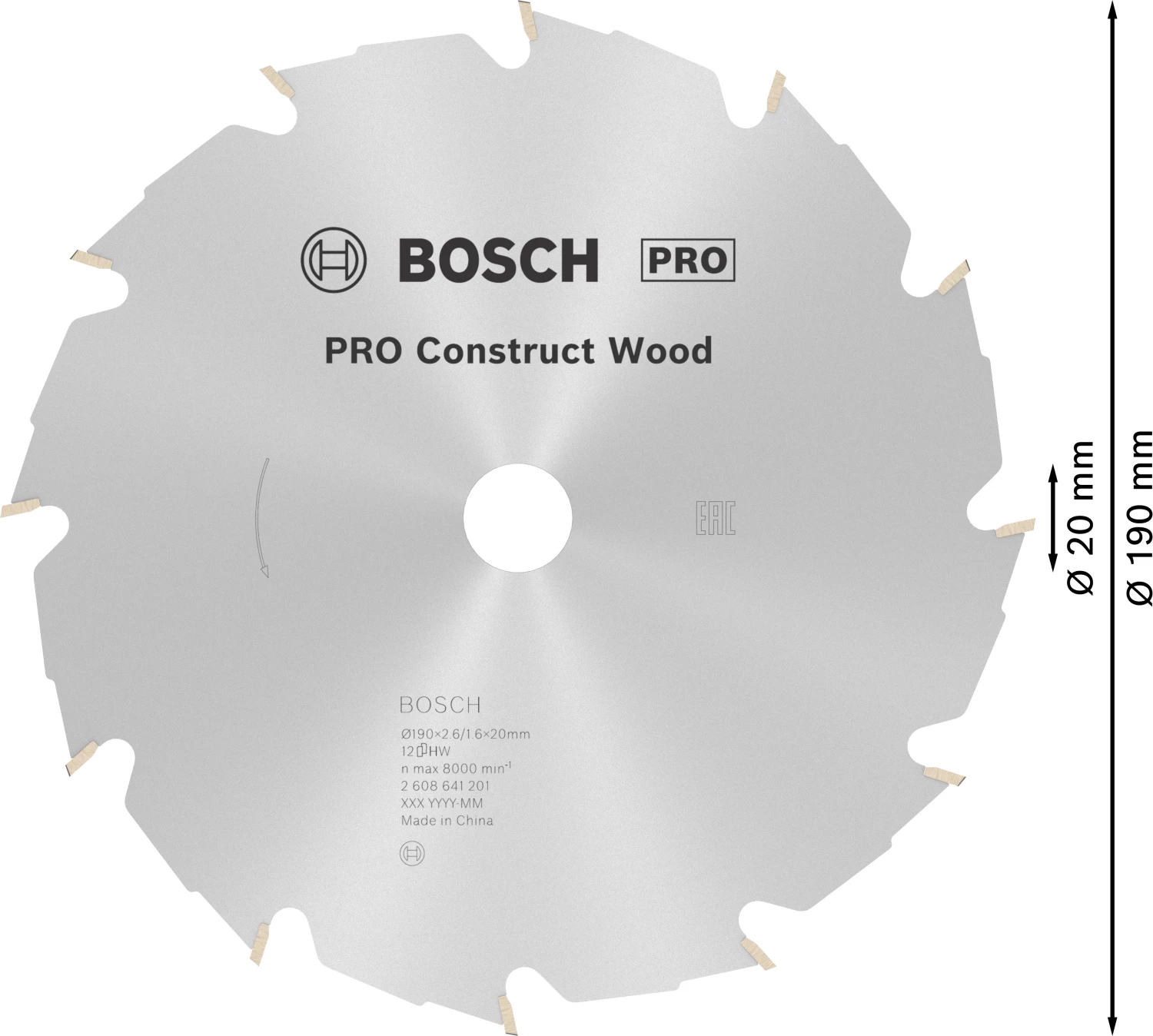 Bosch 2608641201 PRO Cirkelzaagblad - 190 X 20/16 X 12T - Hout thumbnail 4