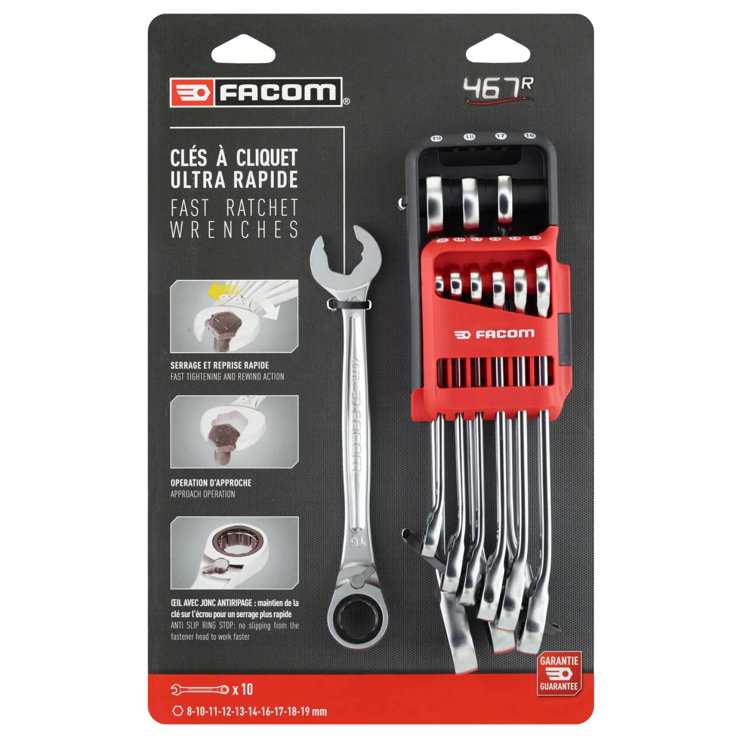 Facom 467BR.JP10PB 10-delige Steek-/ringratelsleutelset In Houder Metrisch - 8-19mm - Snelle Anti-slip afbeelding 1