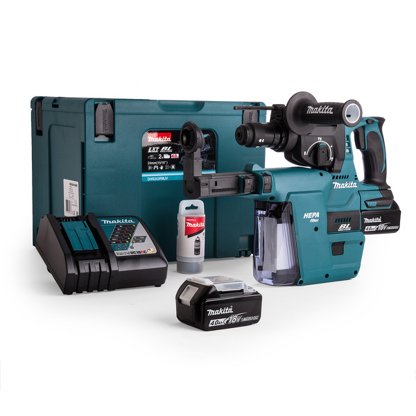 Makita DHR243RMJV 18V Li-Ion Accu SDS-plus Combihamer Incl. Snelspanboorkop En Stofafzuiging Set (2x 4.0Ah Accu) In Mbox - 2J - Koolborstelloos EAN: 88381654838