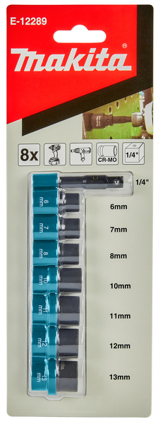 Makita E-12289 8-delige Krachtdoppenset - 6/7/8/10/11/12/13mm - 1/4" - Detailed view of the product
