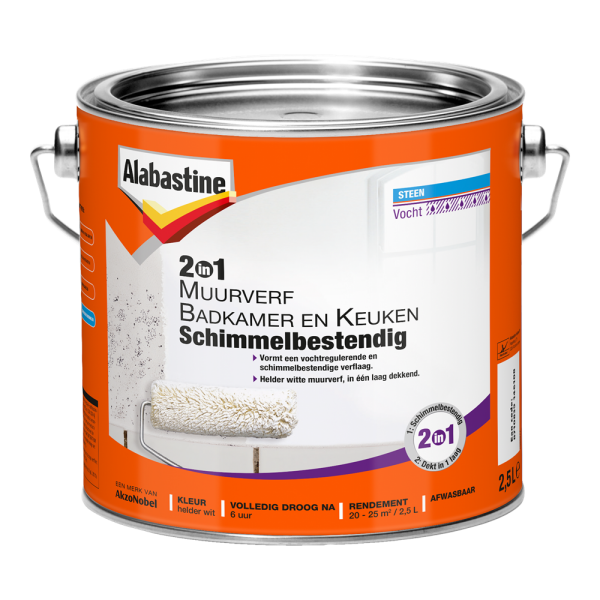 Alabastine 2In1 Muurverf Badkamer En Keuken Schimmelbestendig - Wit - 2,5L
