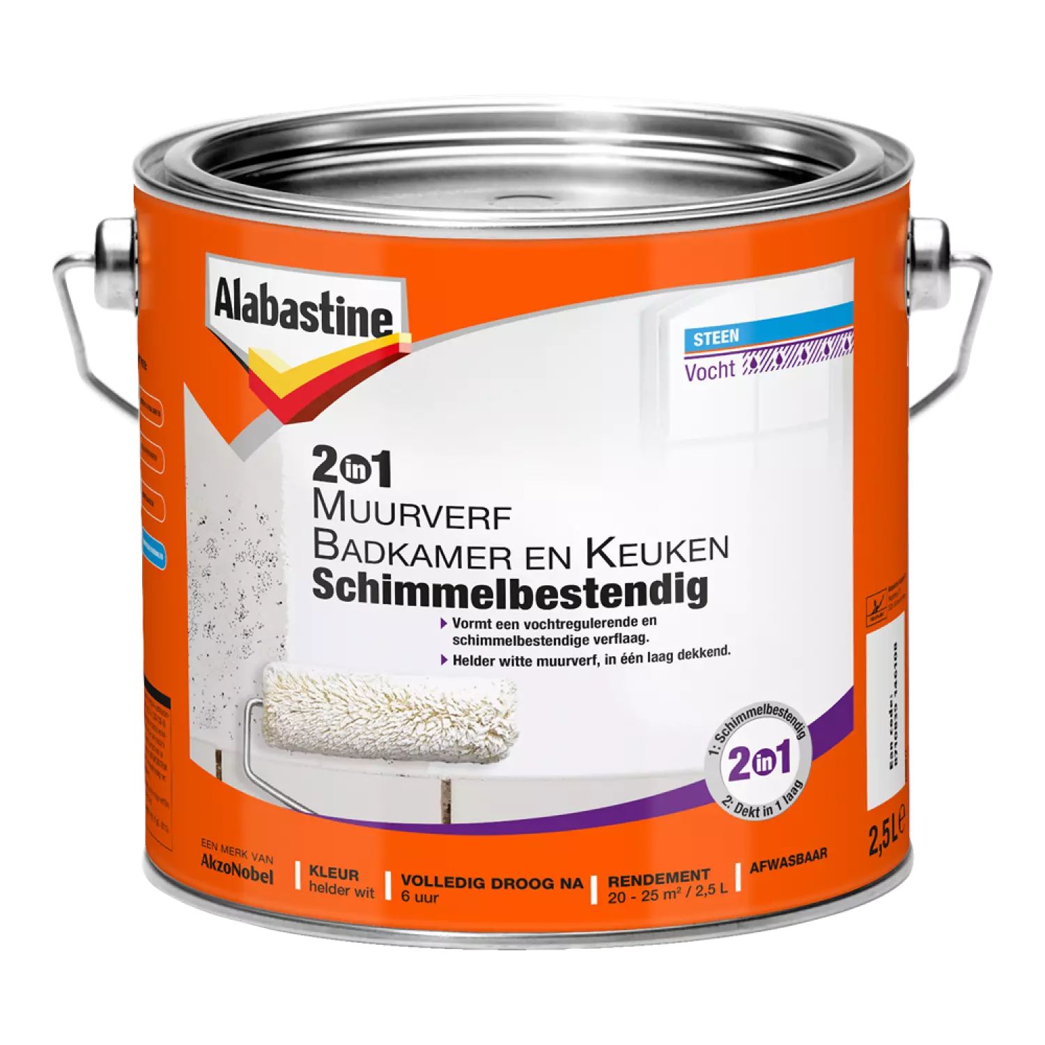 Alabastine 2In1 Muurverf Badkamer En Keuken Schimmelbestendig - Wit - 2,5L