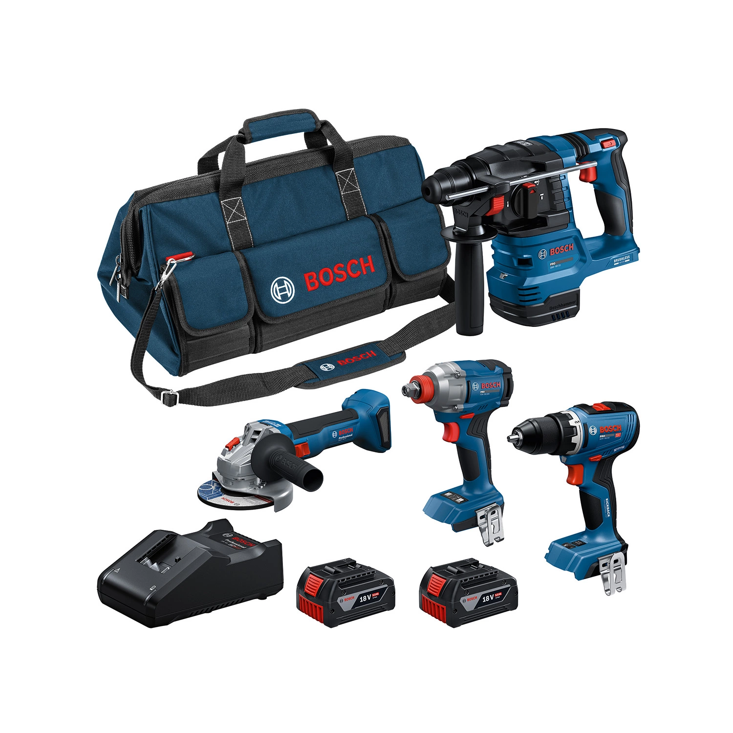 Bosch Set Van 4 18V-machines GSR 18V-65 + GDX 18V-285 + GBH 18V-26 + GWS 18V-11