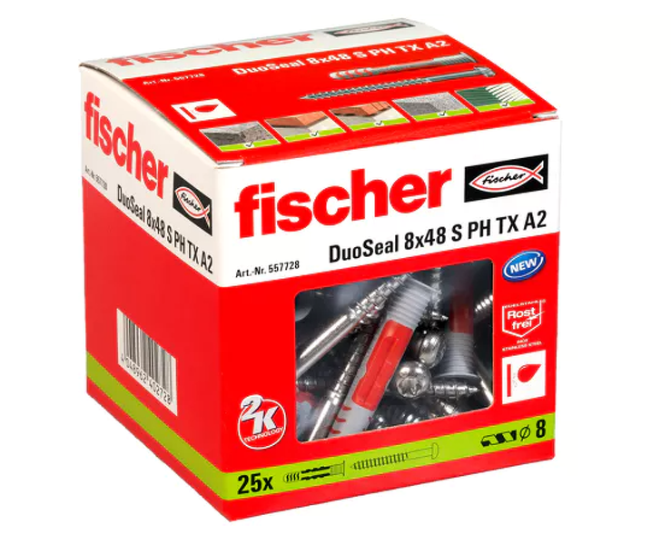 Fischer 557728 DuoSeal Plug Met RVS A2 Bolkopschroef - 8.0 X 48mm - Bolkop - Voldraad - Verzinkt (25st) - Detailed view of the product