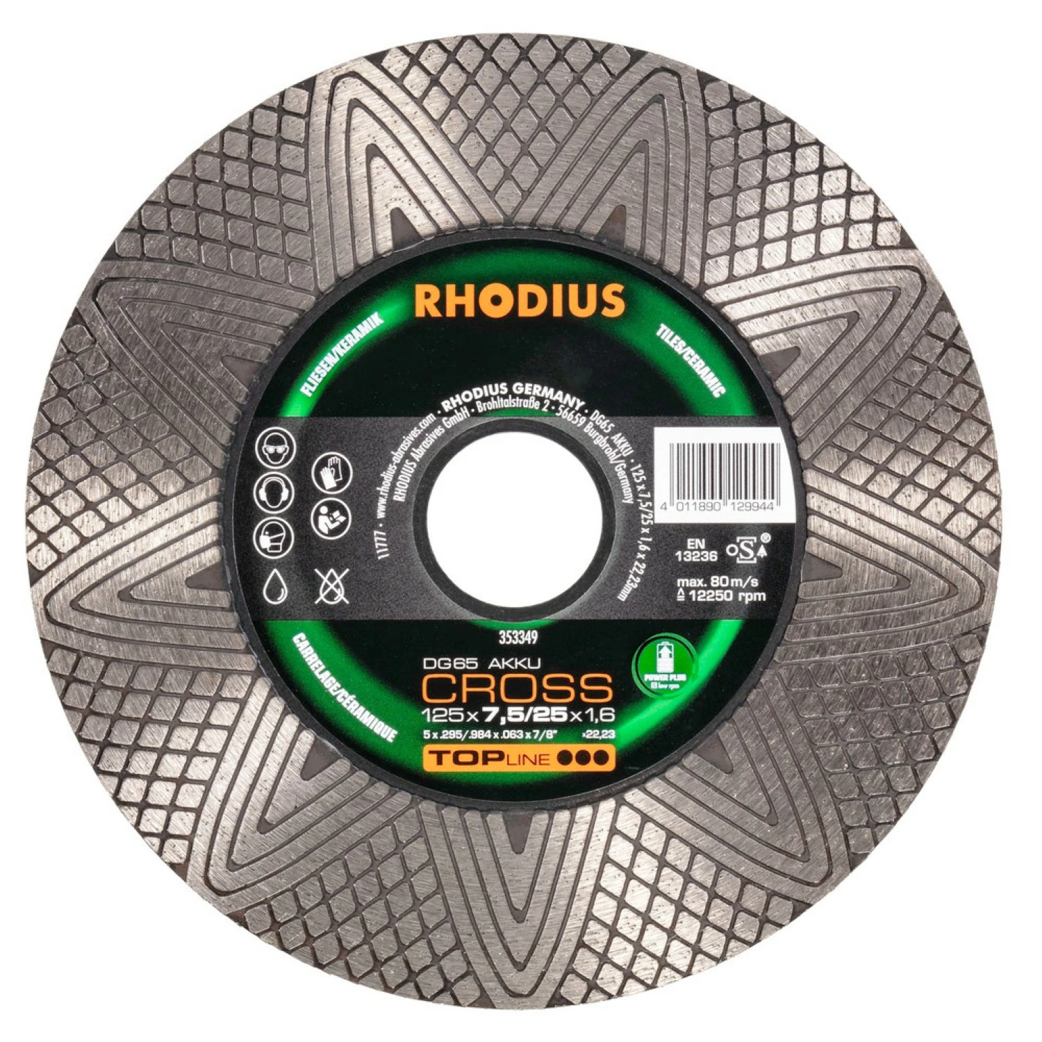 Rhodius DG65 Accu Cross Diamant Doorslijp- En Afbraamschijf 125 X 22,23 X 1,6mm