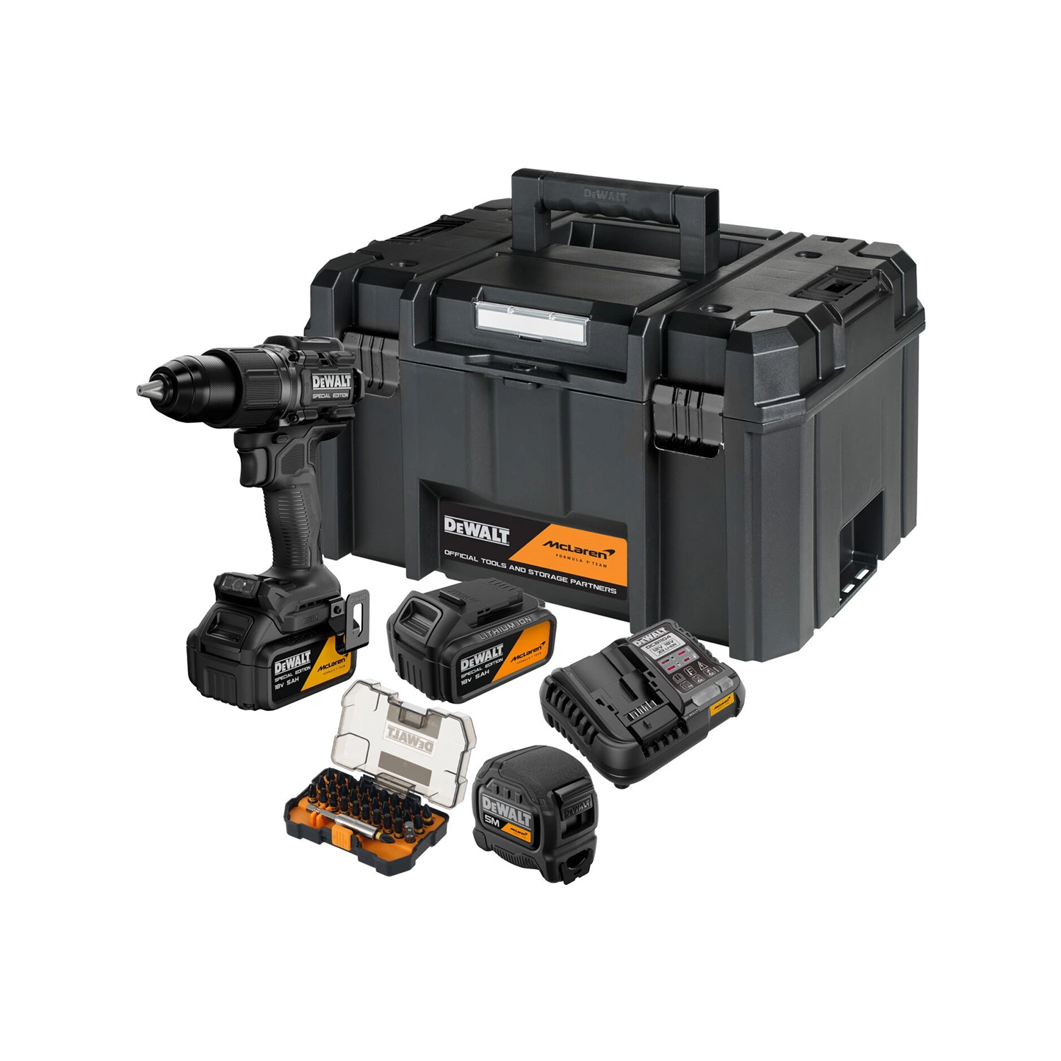 DeWALT X MCLAREN DCD86MP2KT-QW 18V XR Accu Schroef-/klopboormachine Met Accessoires Set In TSTAK (2x 5.0Ah Accu + Lader)