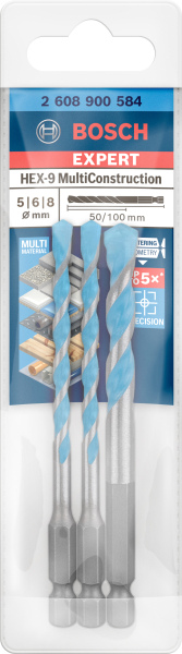 Bosch 2608900584 EXPERT 3-delige HEX-9 MultiConstruction Borenset - 5/6/8mm - Detailed view of the product