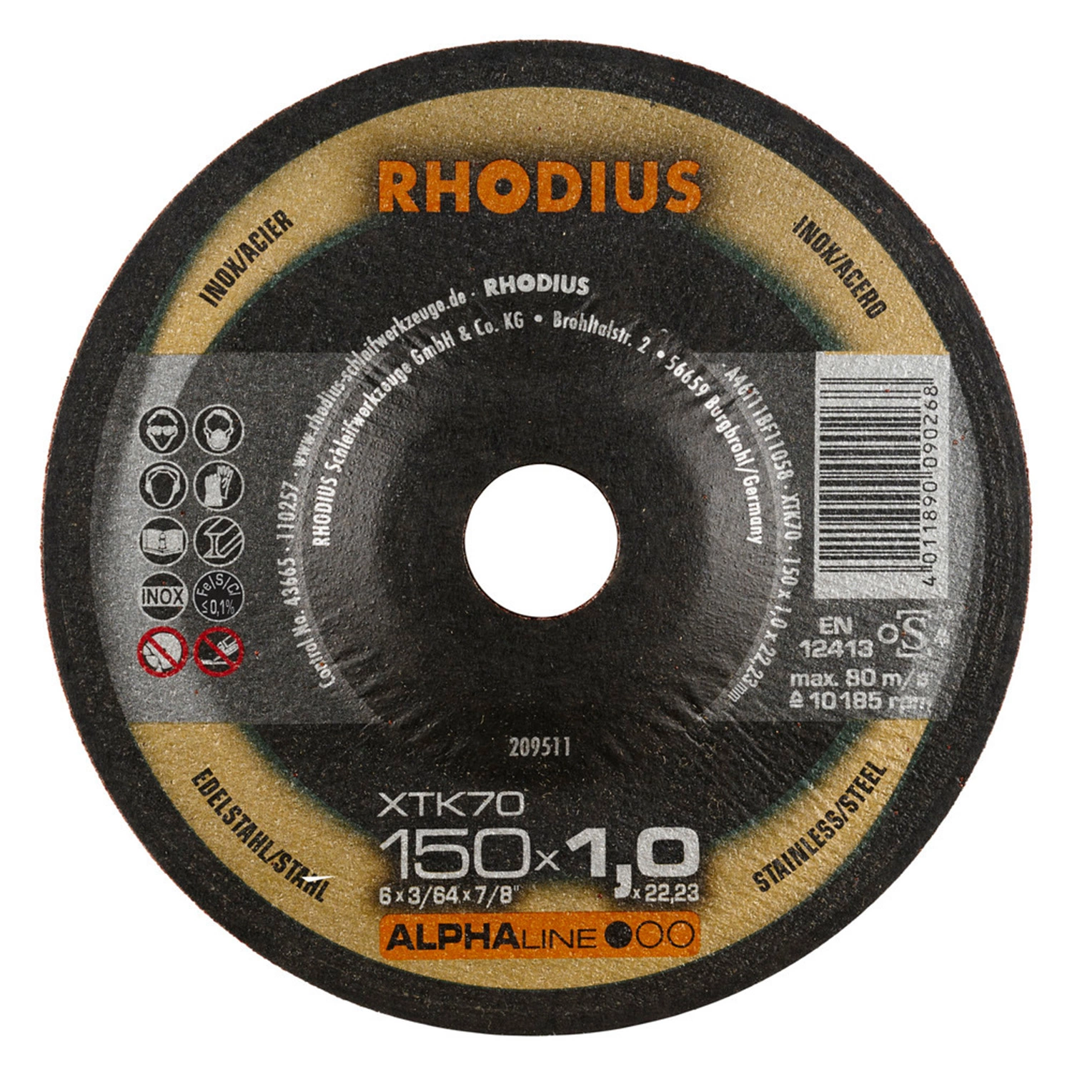 Rhodius ALPHAline I XTK70/208122 Doorslijpschijf - Extra Dun - 230 X 22,23 X 1,9mm - RVS/Staal (25st)