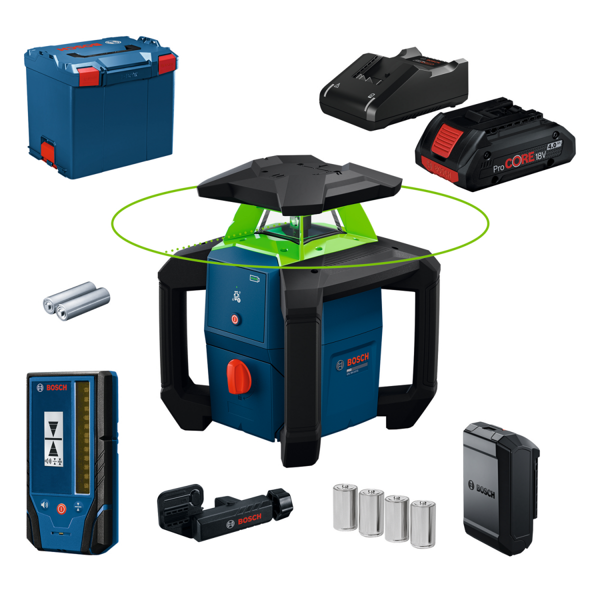 Bosch GRL 18V-3-31 G Roterende laser set incl. ontvanger en 4.0Ah acccu in L-Boxx - groen - 30m - 1x 360° - IP66