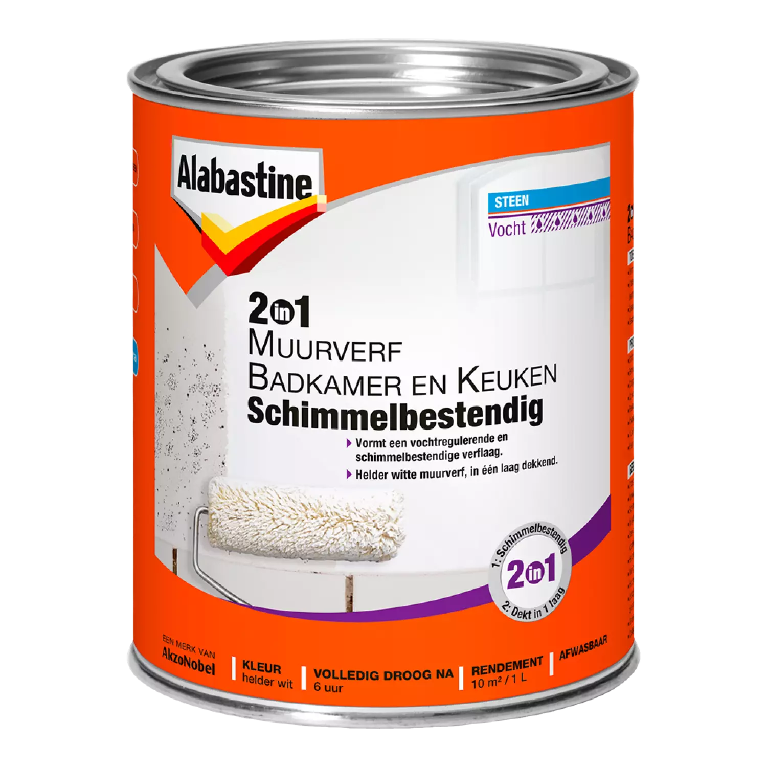 Alabastine 2In1 Muurverf Badkamer En Keuken Schimmelbestendig - Wit - 1L